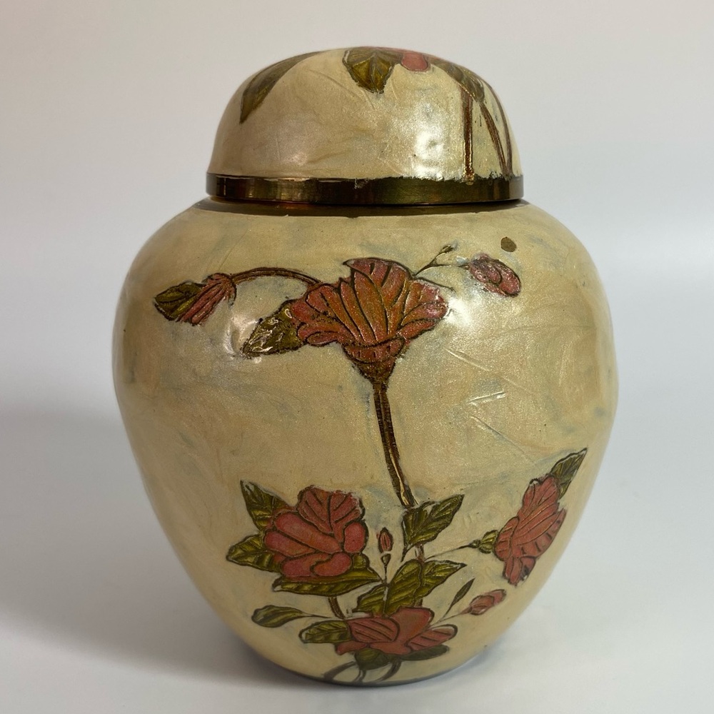 Vintage brass ginger jar vase urn enamel hand painted cloisonné flower design
